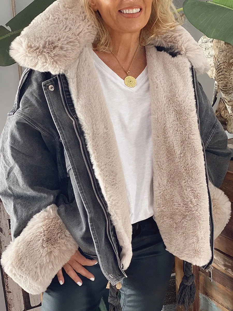 Autumn Winter Lapel Fleece on Cuffs Denim Jacket