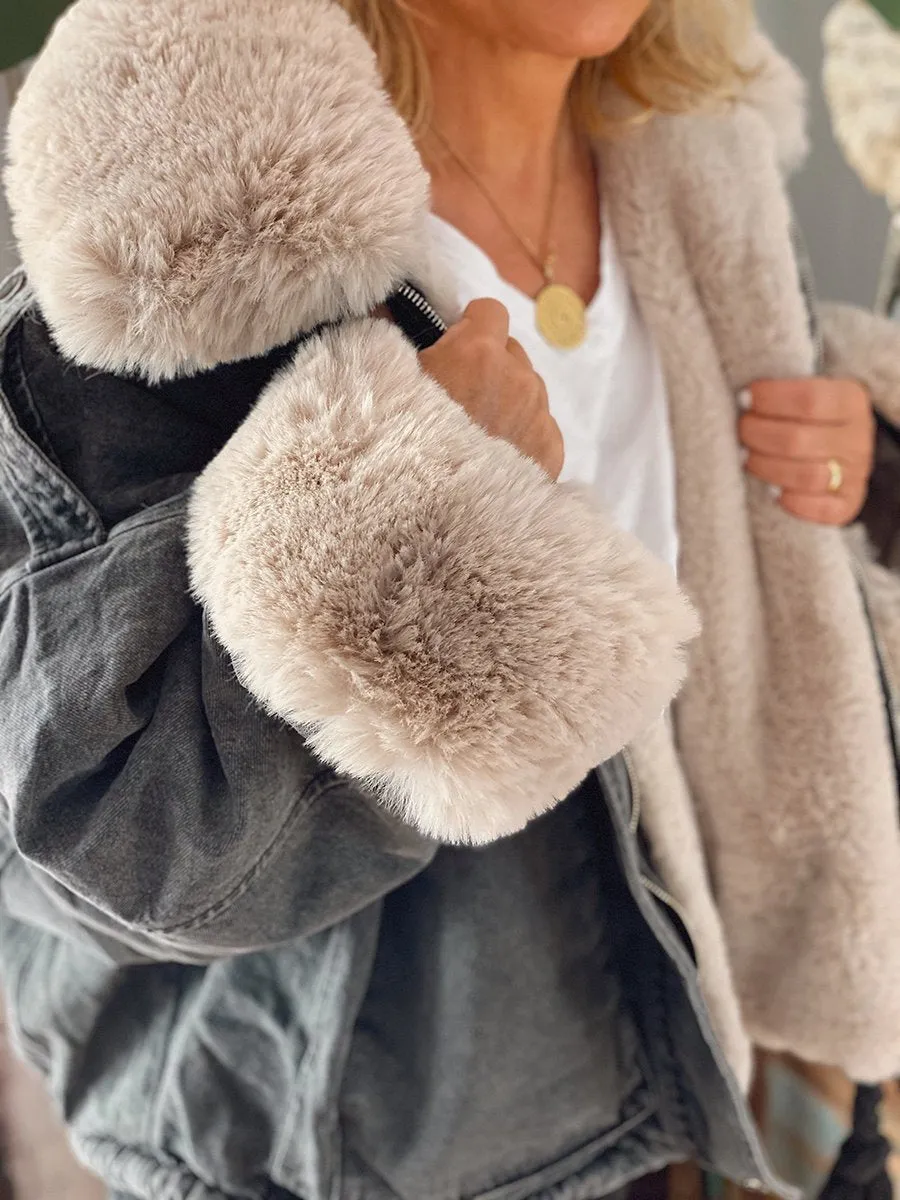 Autumn Winter Lapel Fleece on Cuffs Denim Jacket
