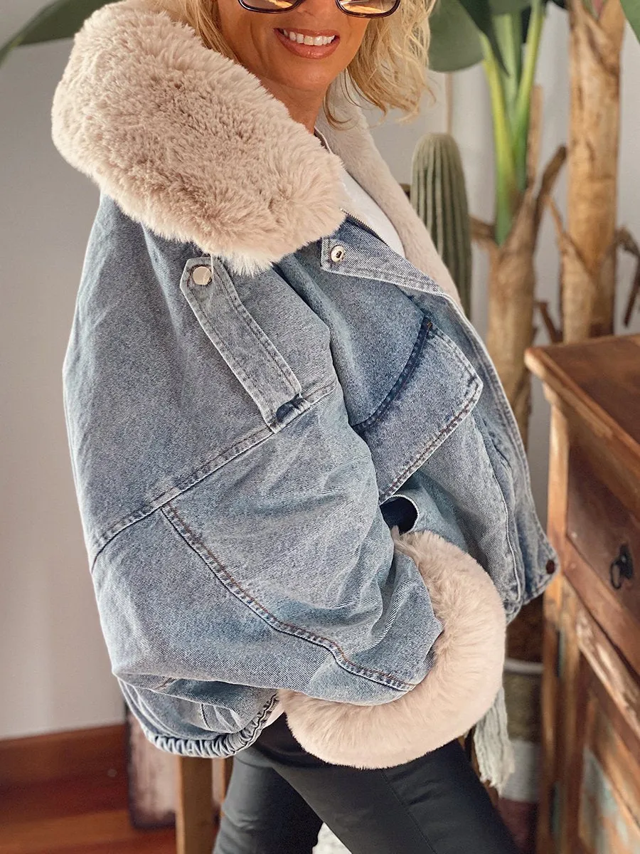Autumn Winter Lapel Fleece on Cuffs Denim Jacket