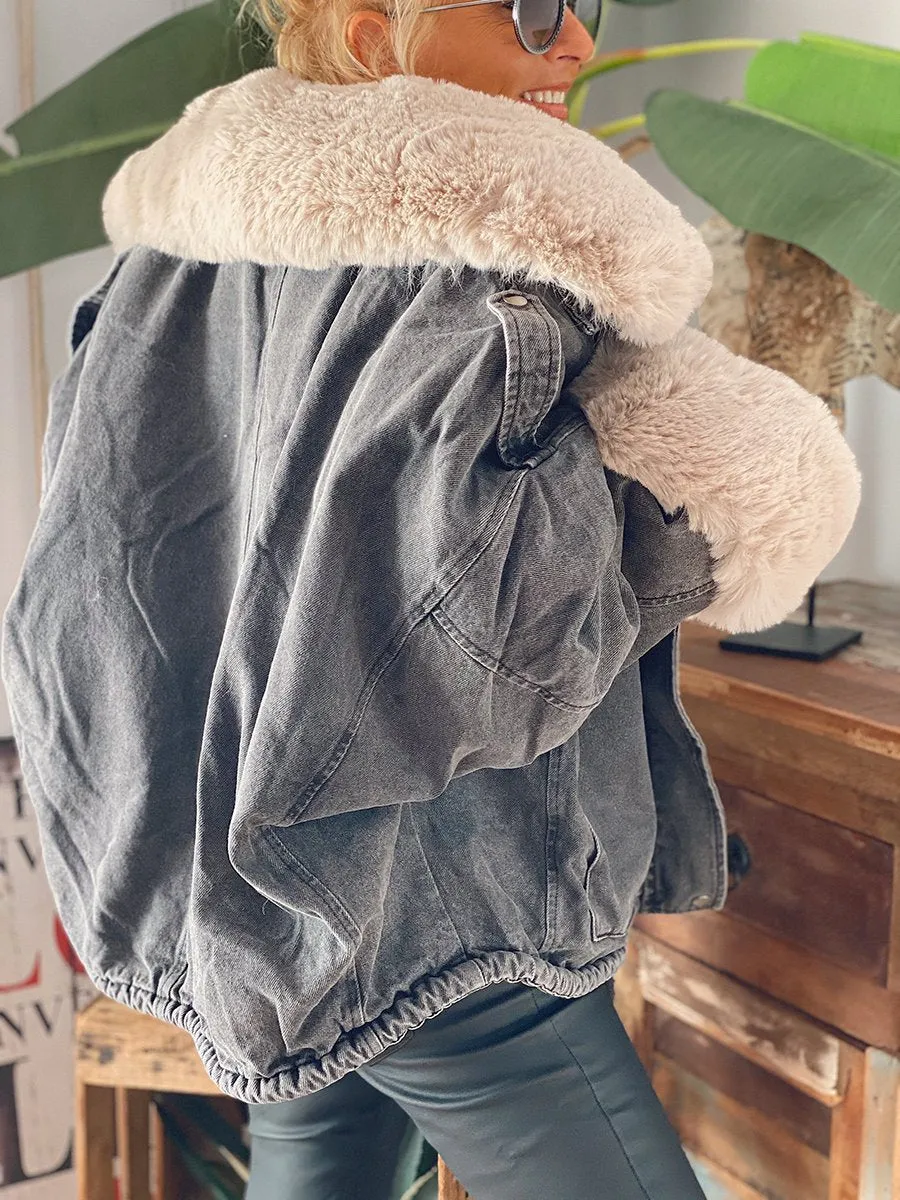 Autumn Winter Lapel Fleece on Cuffs Denim Jacket