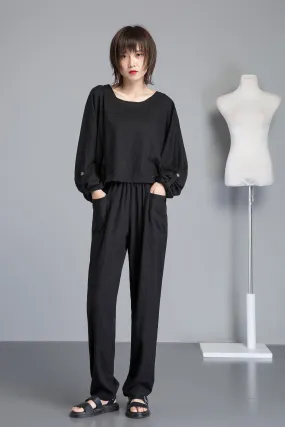 balck linen pants, black long linen pants with pocket, black women linen pants for summer, casual harem linen pants with elastic C1263