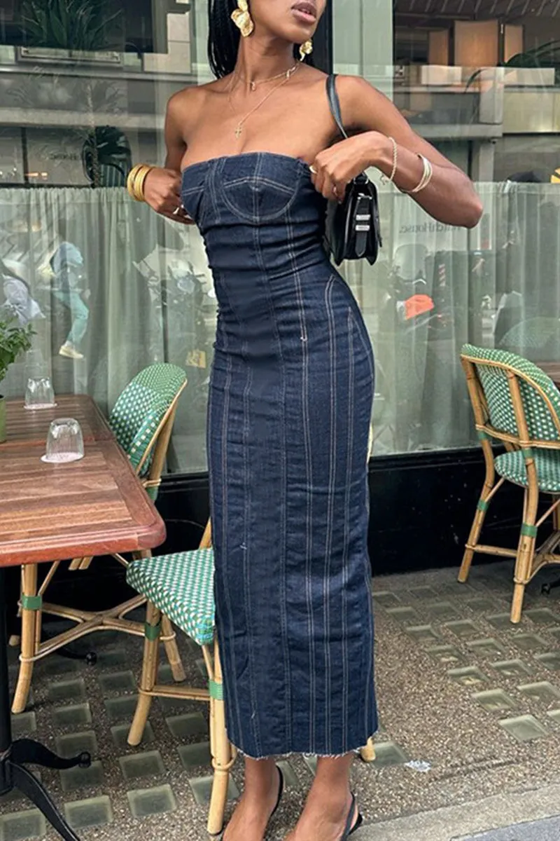 BJ636 Strapless Denim Maxi Dress