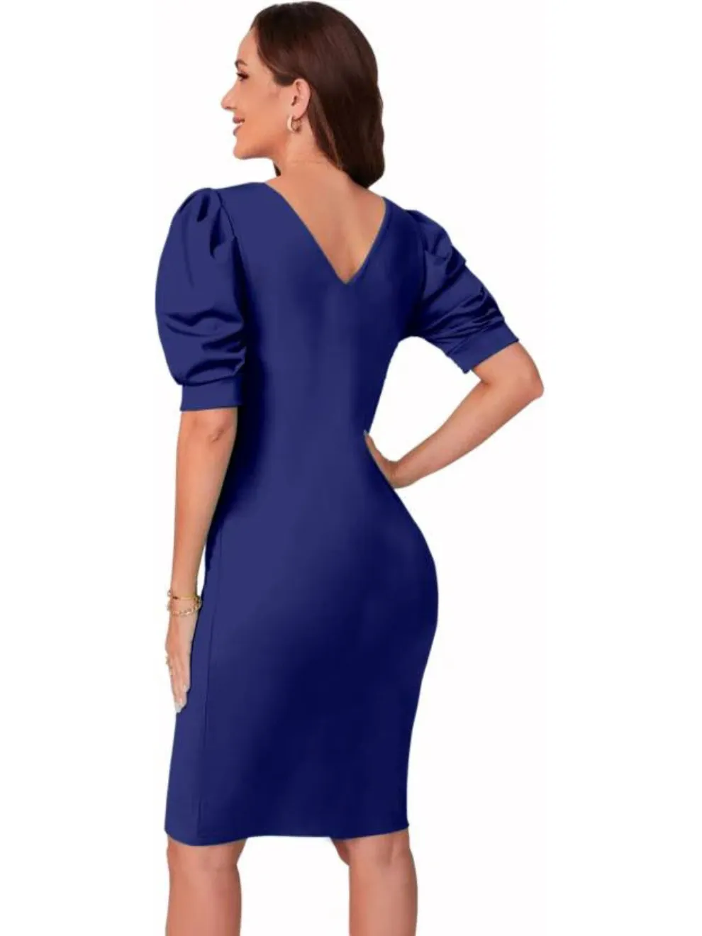 Blue Solid Above Knee Bodycon Dress