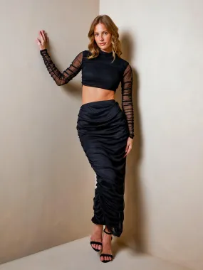 Caramella SIENNA Shoulder Pad Mesh Ruched Crop Top and Maxi Skirt CO ORD in Black