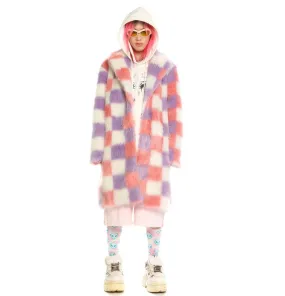 Checked shaggy fur longline coat geometric pattern jacket rave bomber fluffy festival coat fleece party bomber pastel burning man coat pink