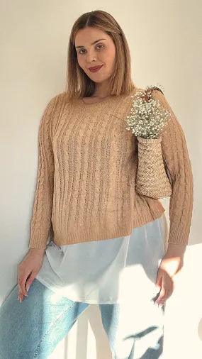 CurveWow 2 in 1 Cable Knit Jumper Camel