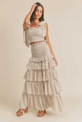 Erin Taupe bow tied smocked top and ruffled tiered maxi skirt set