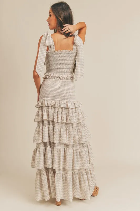 Erin Taupe bow tied smocked top and ruffled tiered maxi skirt set