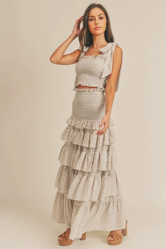 Erin Taupe bow tied smocked top and ruffled tiered maxi skirt set
