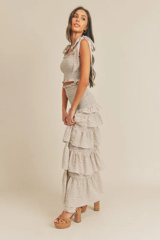 Erin Taupe bow tied smocked top and ruffled tiered maxi skirt set