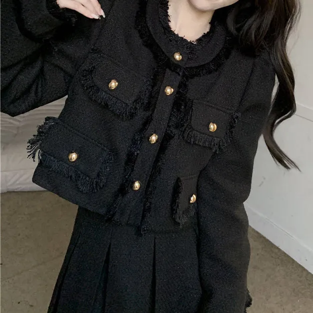 Fringed Single-Breasted Coat Top Pleated Skirt Set