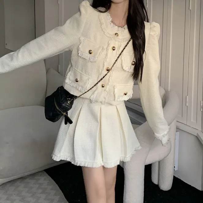 Fringed Single-Breasted Coat Top Pleated Skirt Set