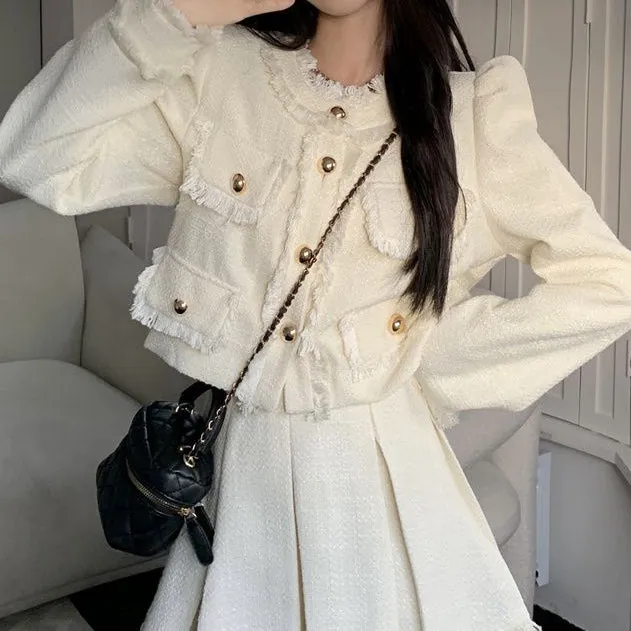 Fringed Single-Breasted Coat Top Pleated Skirt Set