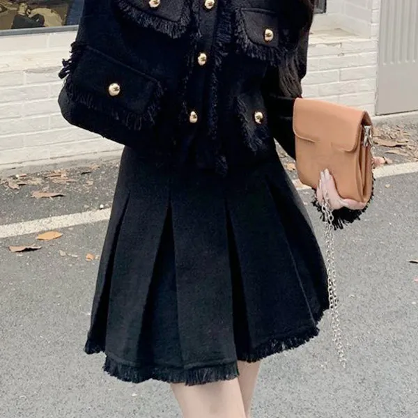 Fringed Single-Breasted Coat Top Pleated Skirt Set