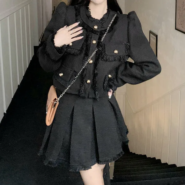 Fringed Single-Breasted Coat Top Pleated Skirt Set