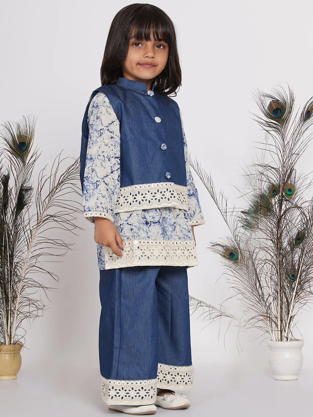 Girl's Denim Jacket with Patchwork and Marble Kurta with Patchwork Plazzo - Denim Blue - Little Bansi Girls