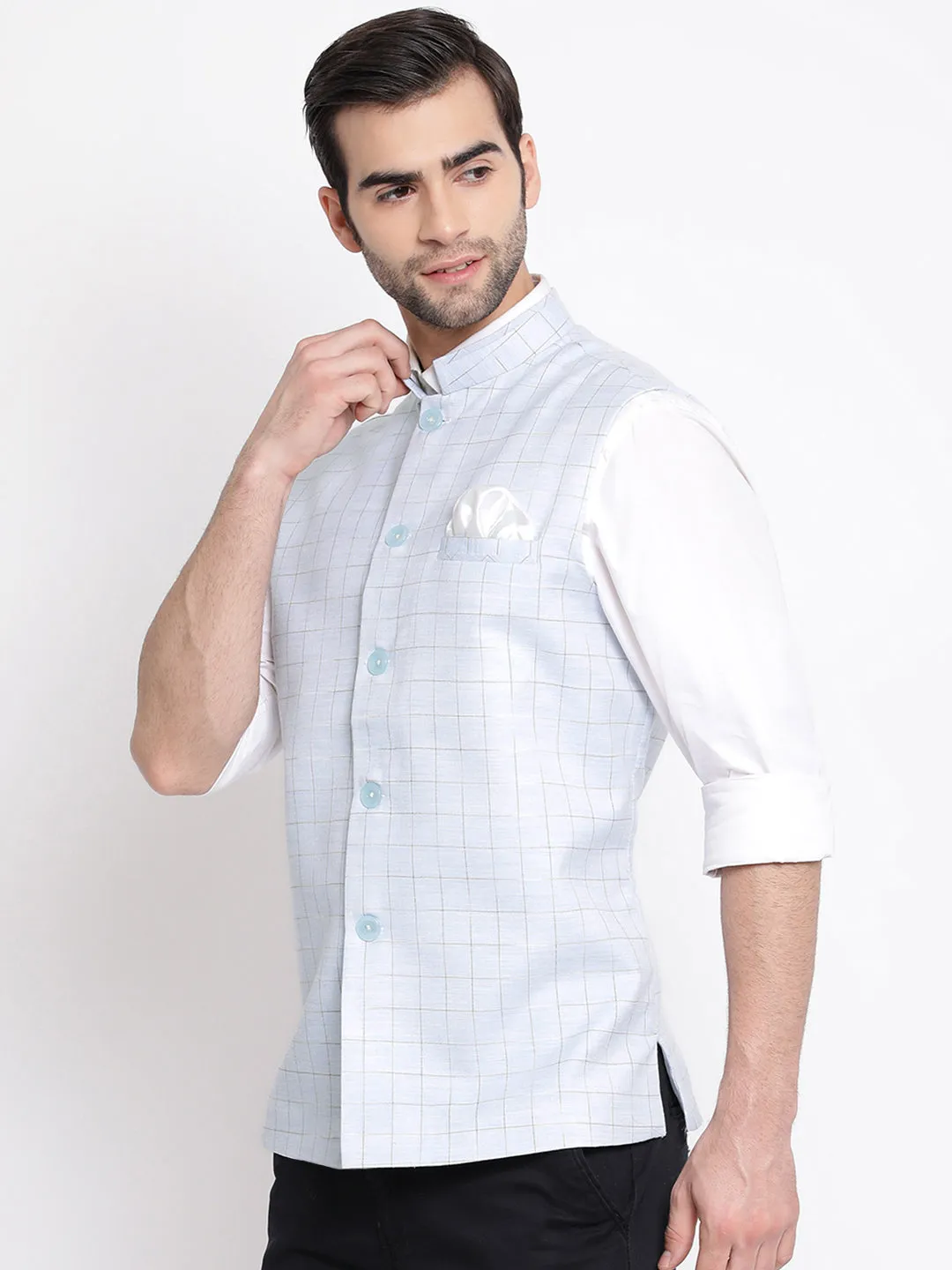 Jashvi Men's Blue Checkered Classic Linen Nehru Jacket