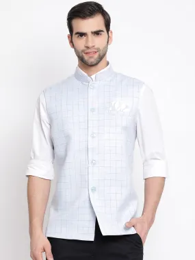 Jashvi Men's Blue Checkered Classic Linen Nehru Jacket