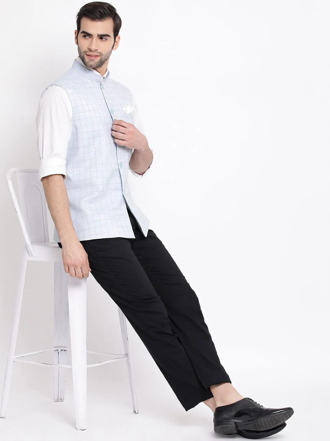 Jashvi Men's Blue Checkered Classic Linen Nehru Jacket