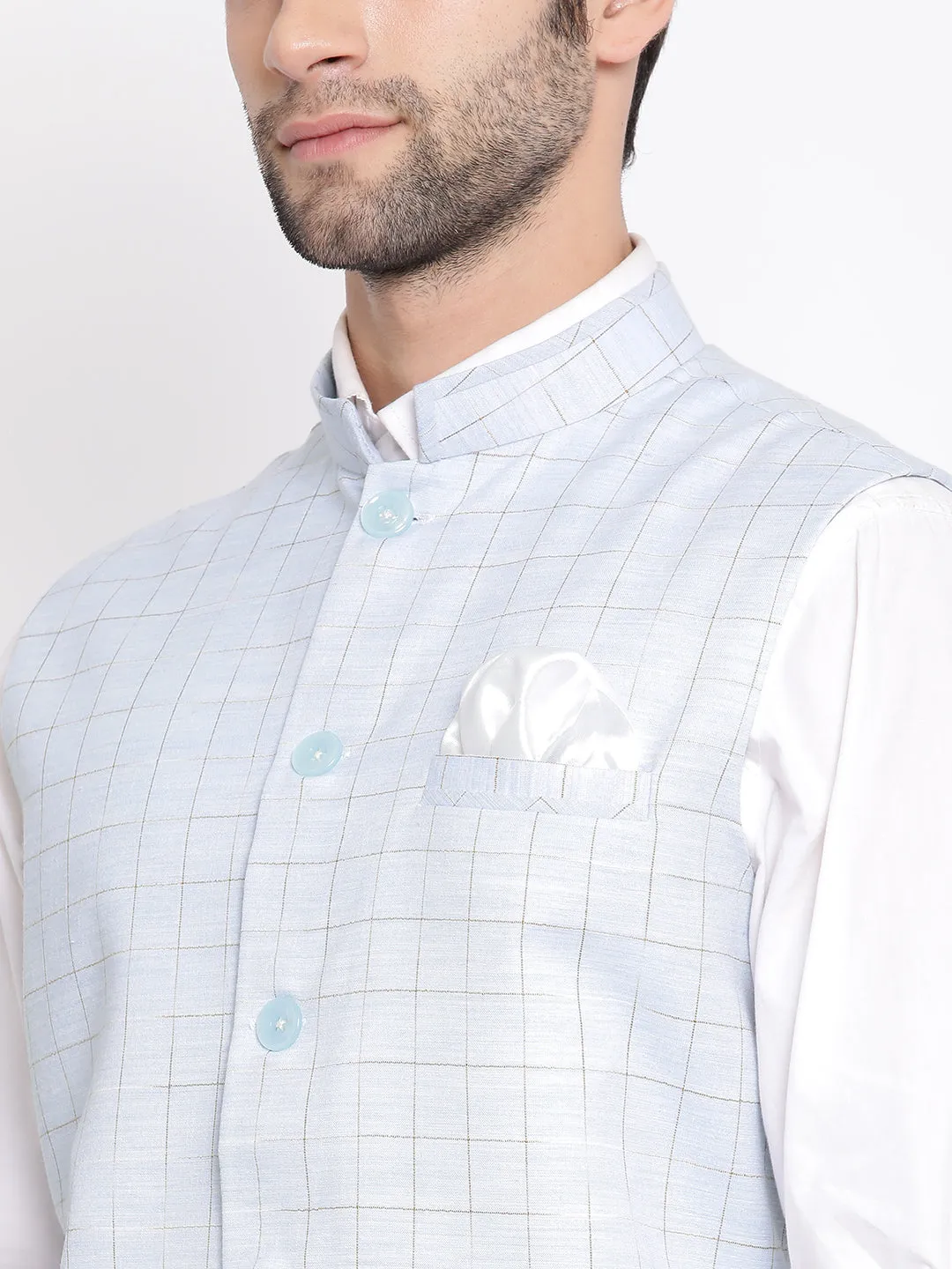 Jashvi Men's Blue Checkered Classic Linen Nehru Jacket