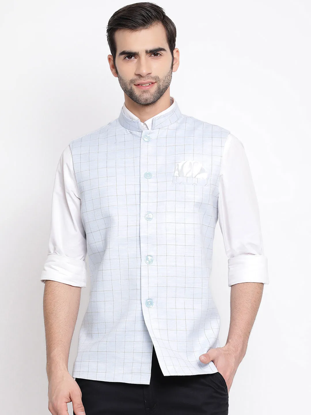 Jashvi Men's Blue Checkered Classic Linen Nehru Jacket