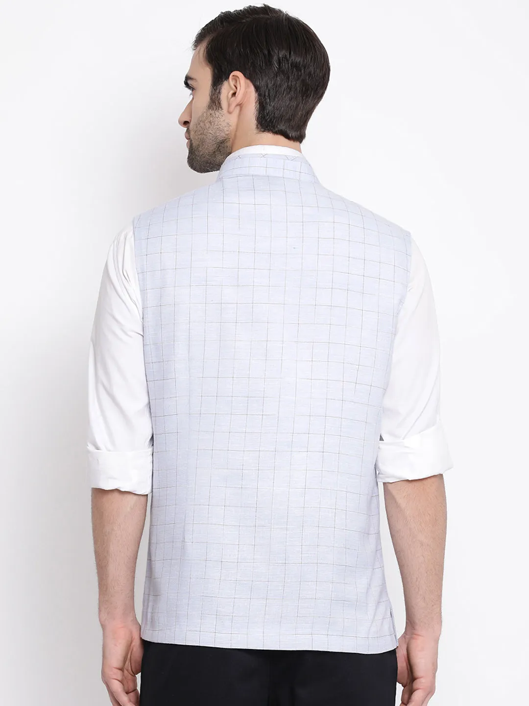 Jashvi Men's Blue Checkered Classic Linen Nehru Jacket