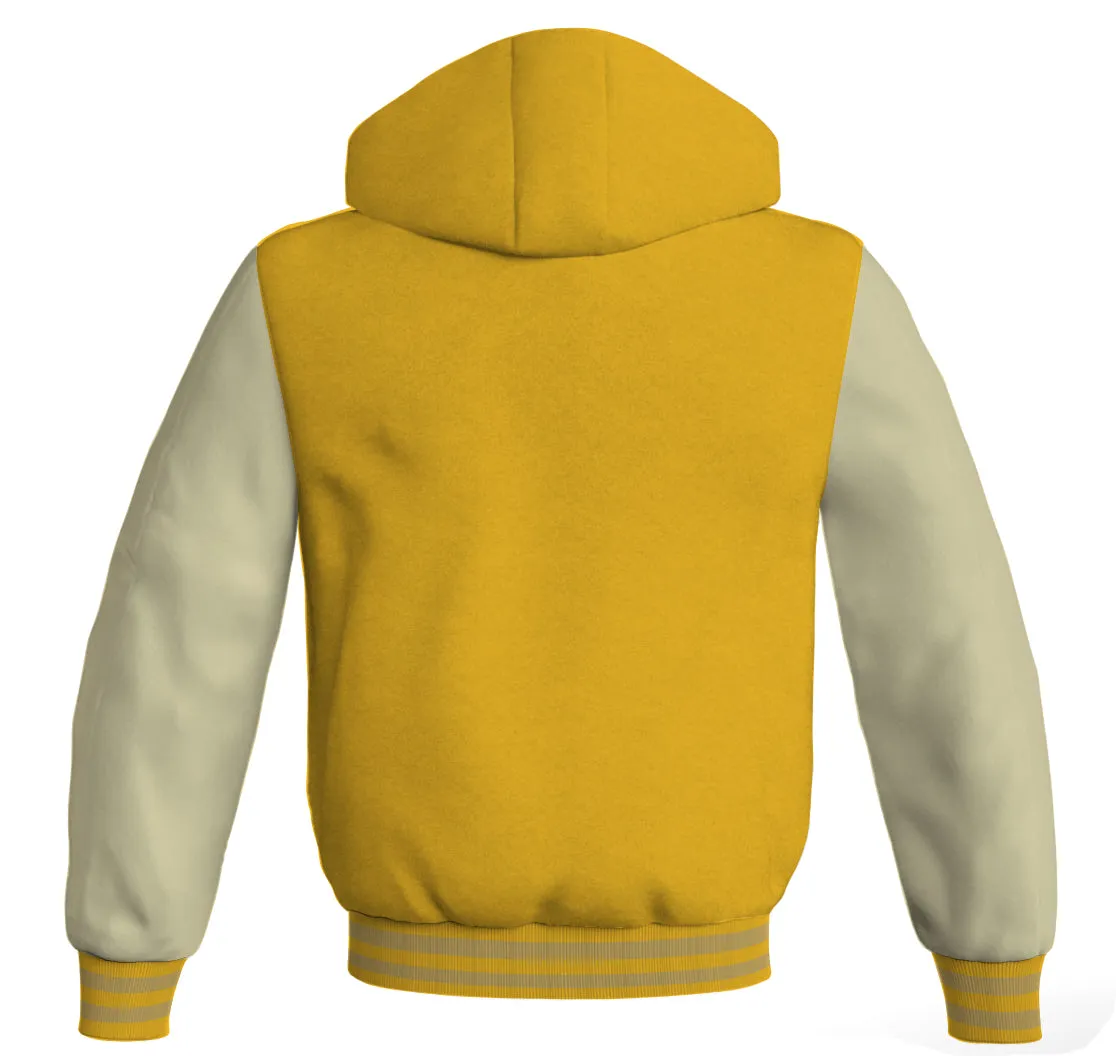 Letterman Bomber Hoodie Jacket Yellow/Gold Body Cream Leather Sleeves