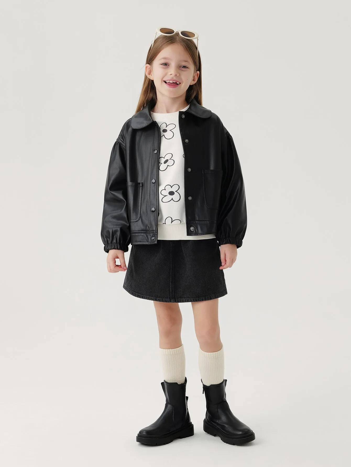 MARC & JANIE Girls Lapel Loose Leather Jacket 241078