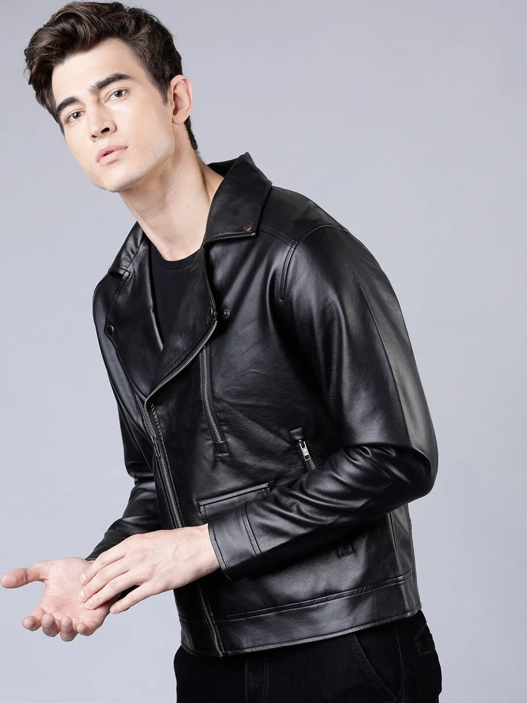 Men Black Solid Biker Leather Jacket