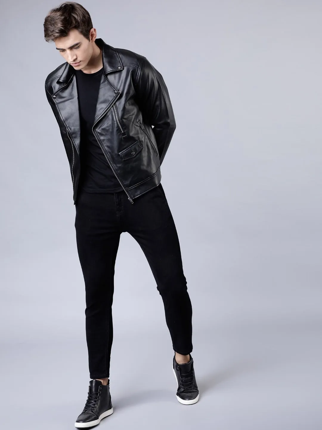 Men Black Solid Biker Leather Jacket