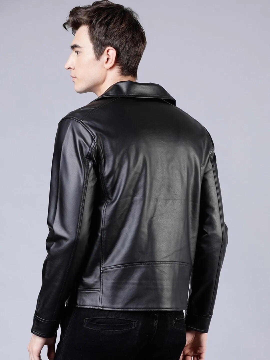 Men Black Solid Biker Leather Jacket