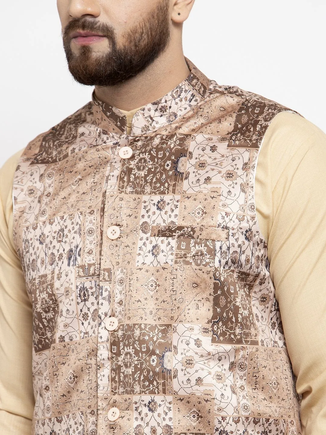Men's Beige Printed Satin Nehru Jacket ( JOWC 4007 Beige) - Virat Fashions