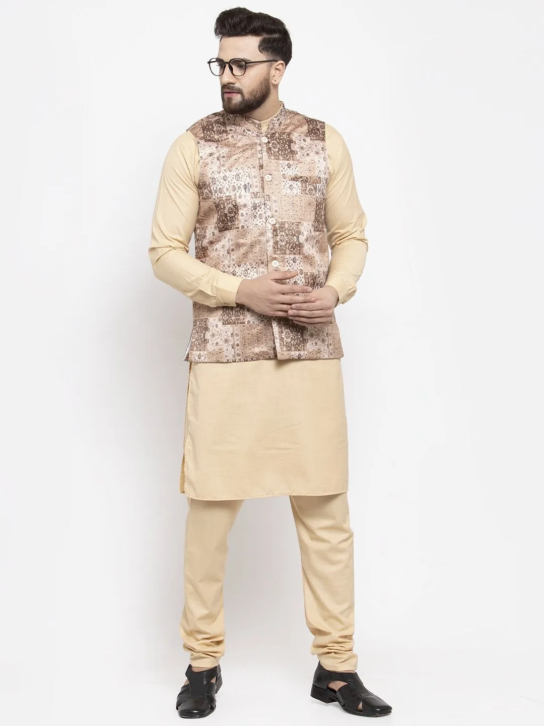Men's Beige Printed Satin Nehru Jacket ( JOWC 4007 Beige) - Virat Fashions