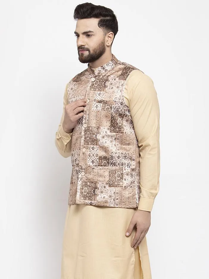 Men's Beige Printed Satin Nehru Jacket ( JOWC 4007 Beige) - Virat Fashions