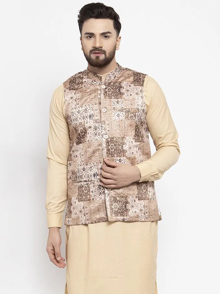 Men's Beige Printed Satin Nehru Jacket ( JOWC 4007 Beige) - Virat Fashions