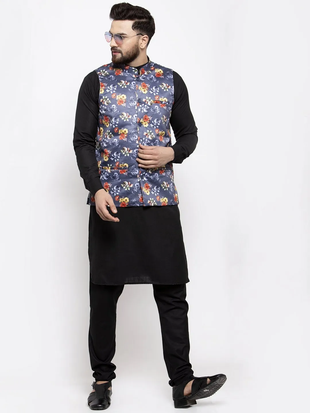 Men's Black Solid Kurta with Churidar & Grey Printed Nehru Jacket - Virat Fashions