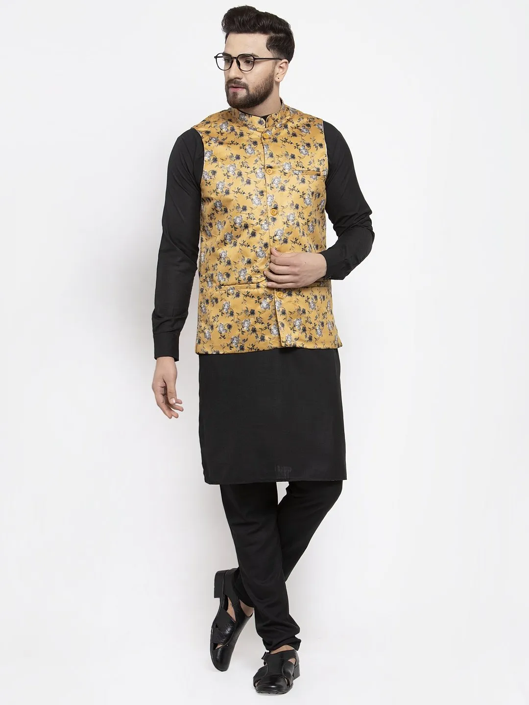 Men's Black Solid Kurta with Churidar & Mustard Printed Nehru Jacket - Virat Fashions