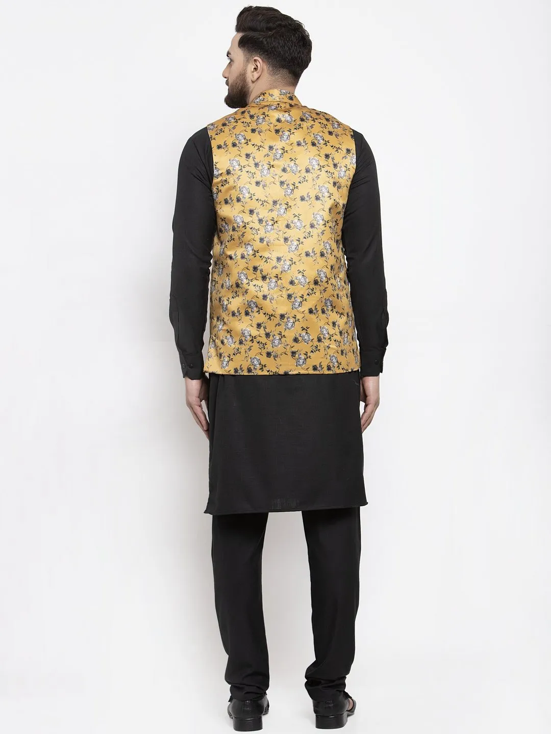 Men's Black Solid Kurta with Churidar & Mustard Printed Nehru Jacket - Virat Fashions