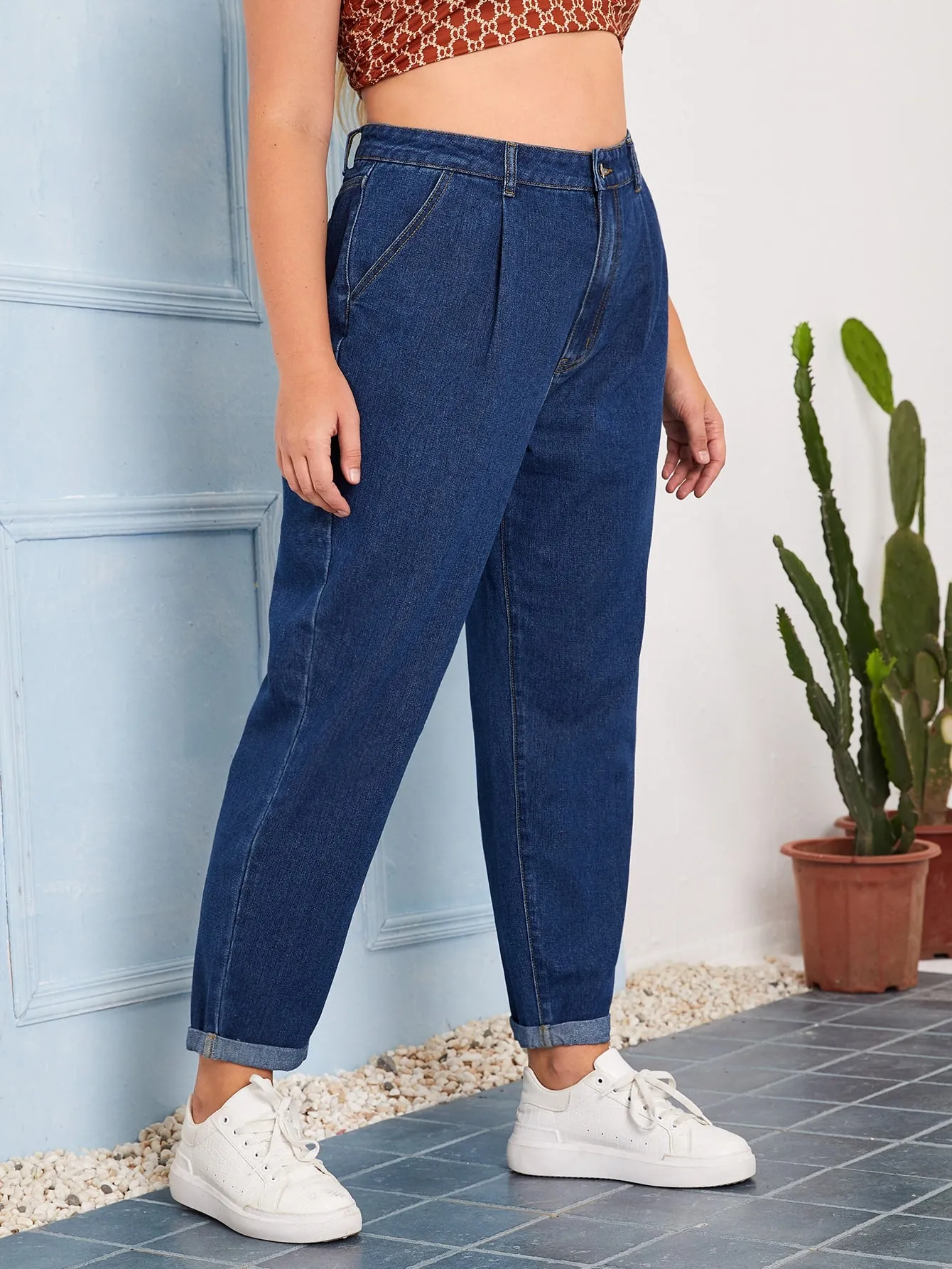 Plain Washed High Waist Cropped Plus Size Jeans