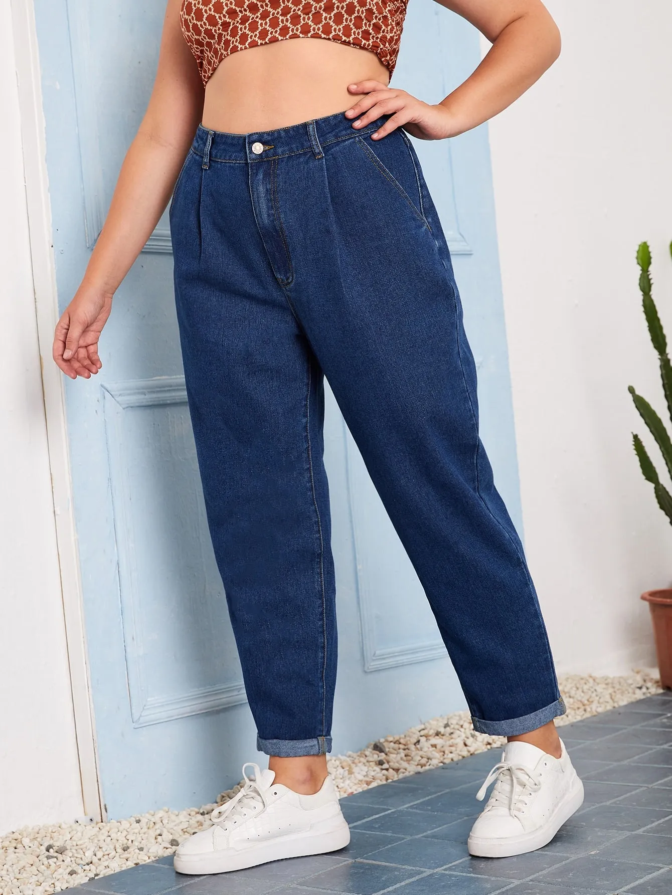 Plain Washed High Waist Cropped Plus Size Jeans