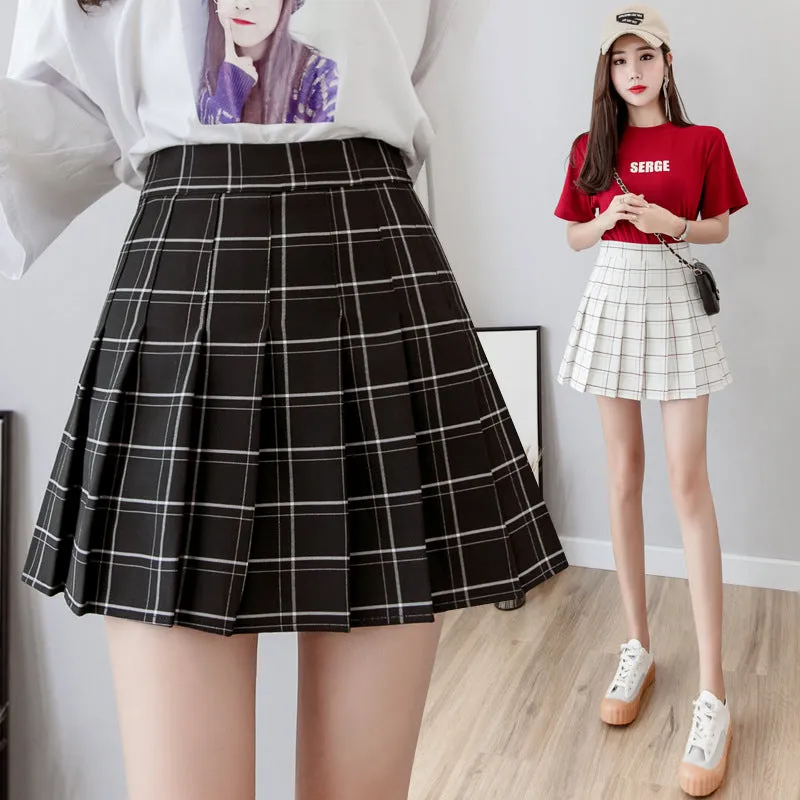 retro kawaii college outfit high-waisted grid print plaid pleated skirt for girls