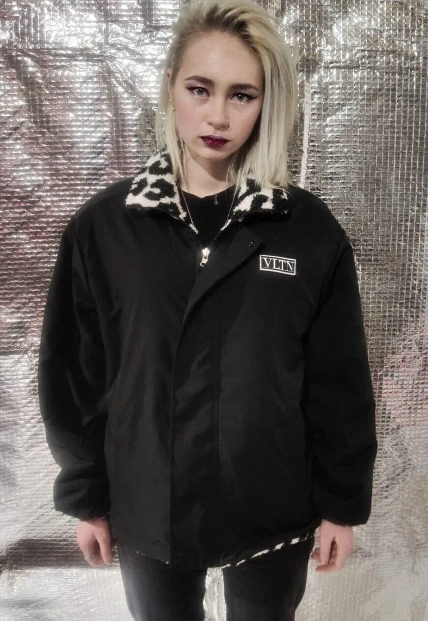 Reversible leopard bomber 70s animal varsity jacket white