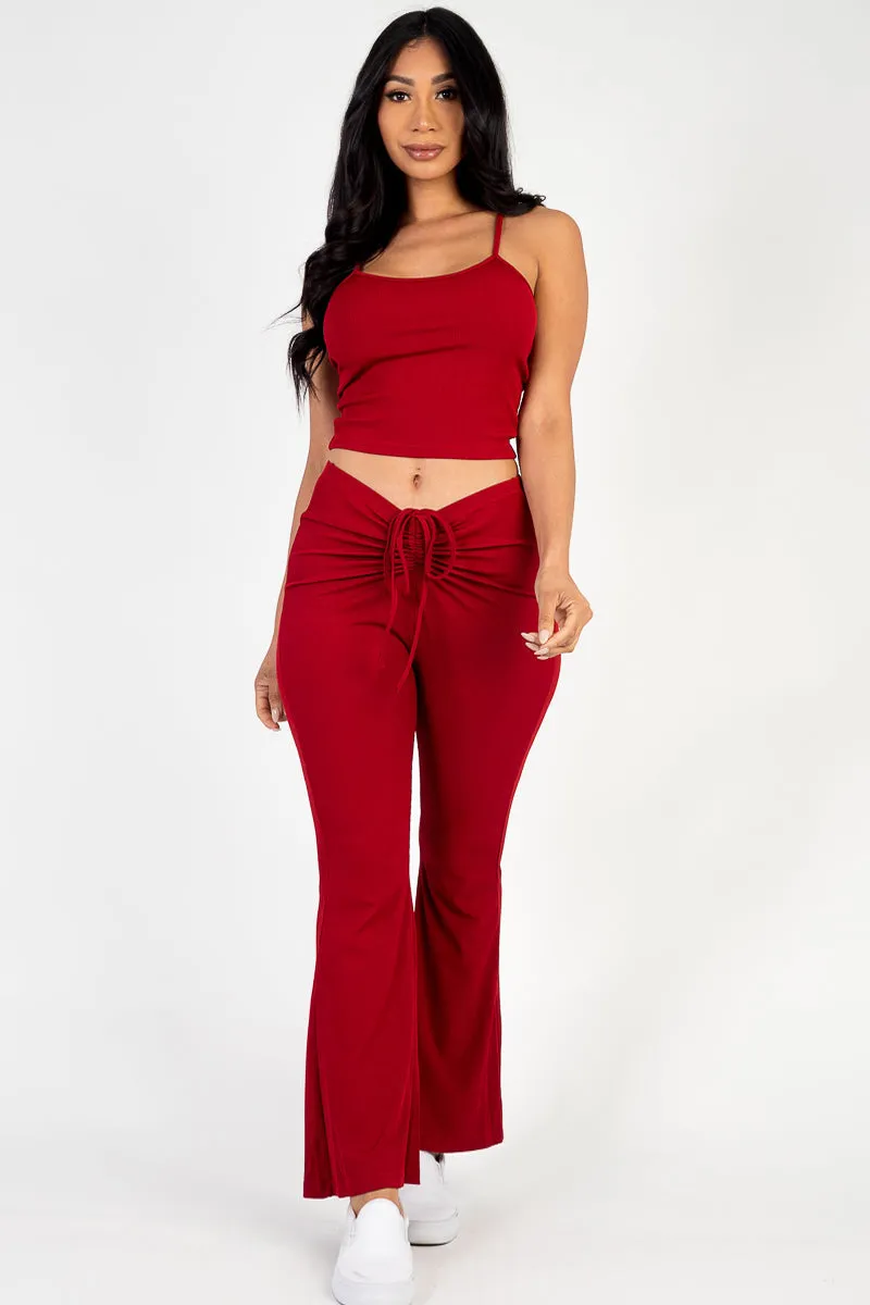 Ribbed Cami Top & Ruched Drawstring Flared Pants Set (CAPELLA)