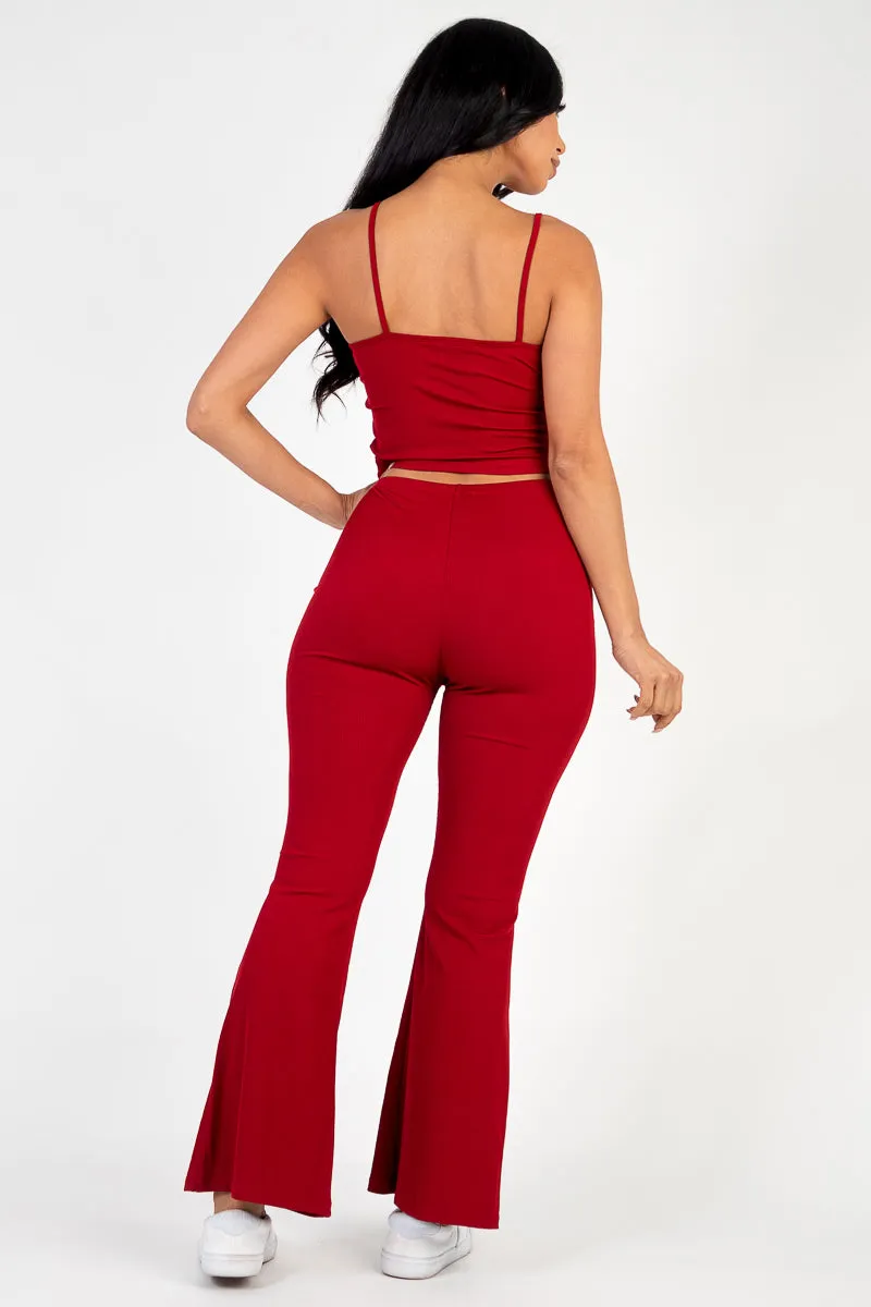 Ribbed Cami Top & Ruched Drawstring Flared Pants Set (CAPELLA)