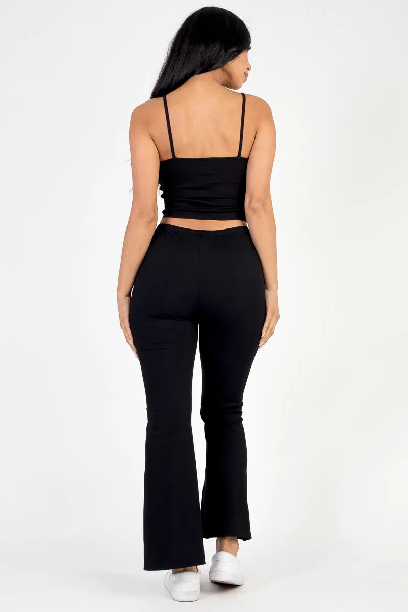 Ribbed Cami Top & Ruched Drawstring Flared Pants Set (CAPELLA)