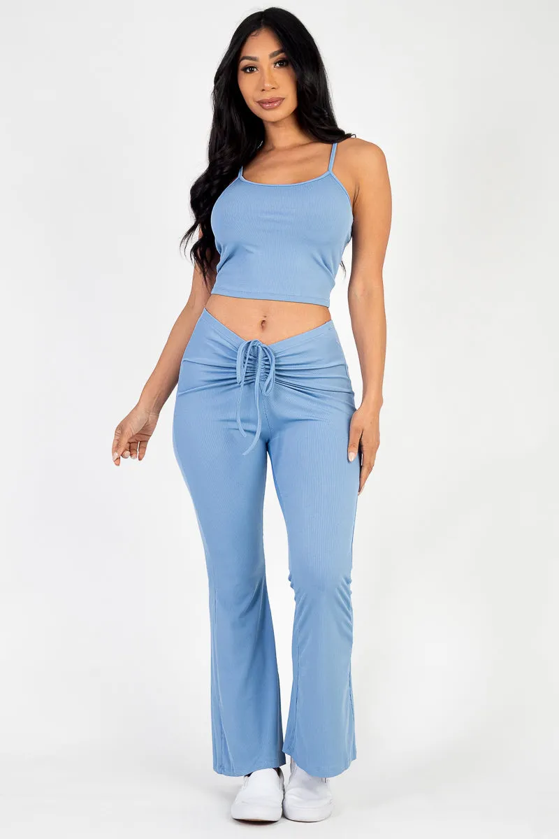 Ribbed Cami Top & Ruched Drawstring Flared Pants Set (CAPELLA)