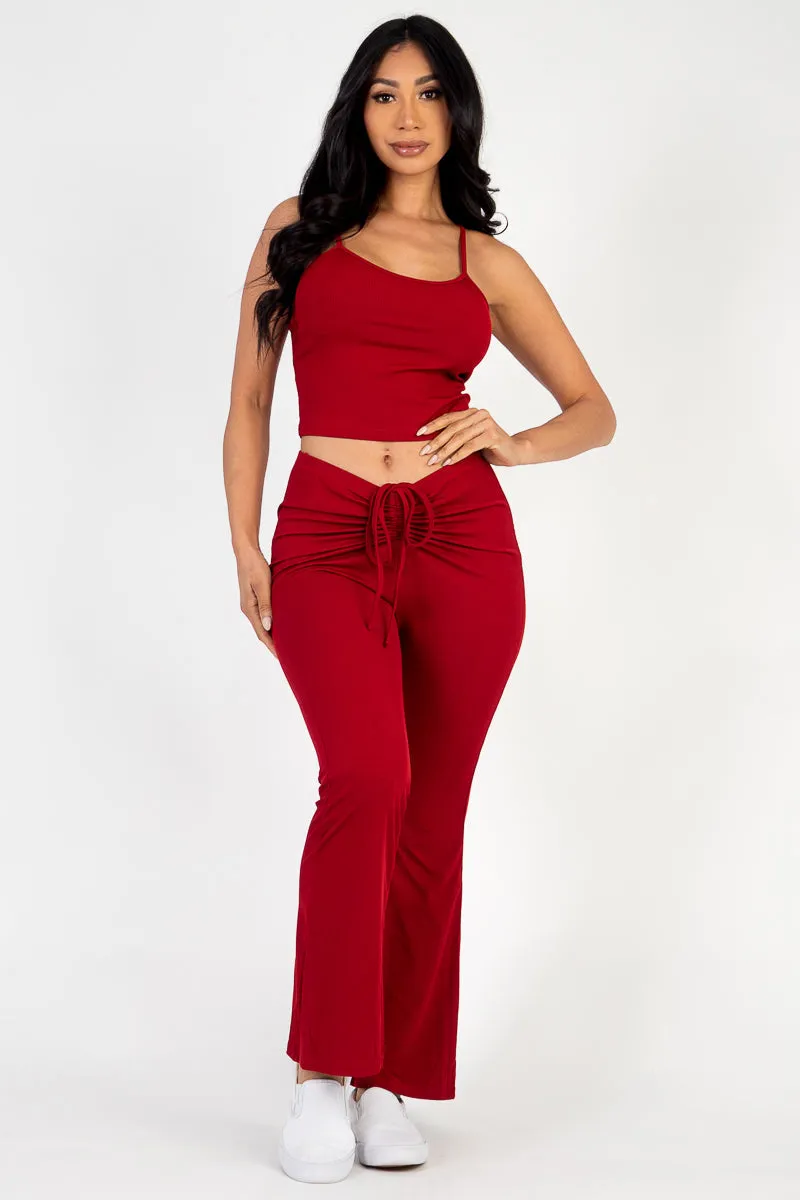 Ribbed Cami Top & Ruched Drawstring Flared Pants Set (CAPELLA)
