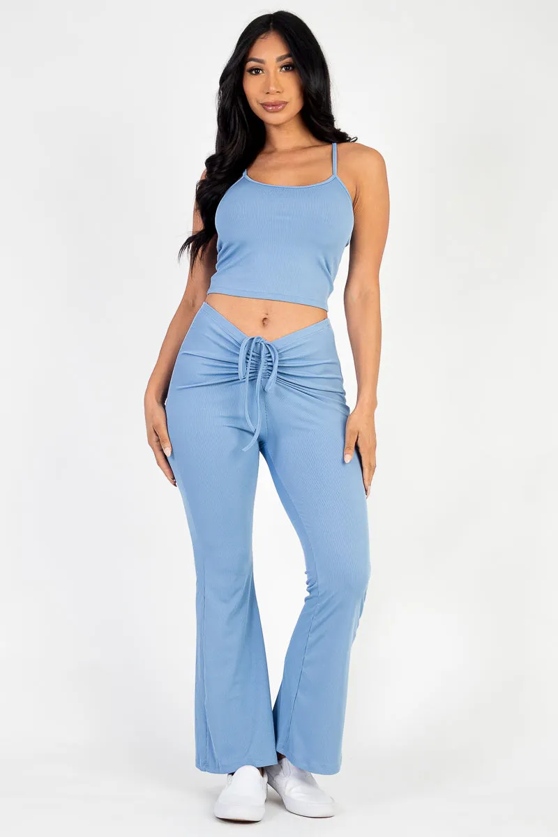 Ribbed Cami Top & Ruched Drawstring Flared Pants Set (CAPELLA)