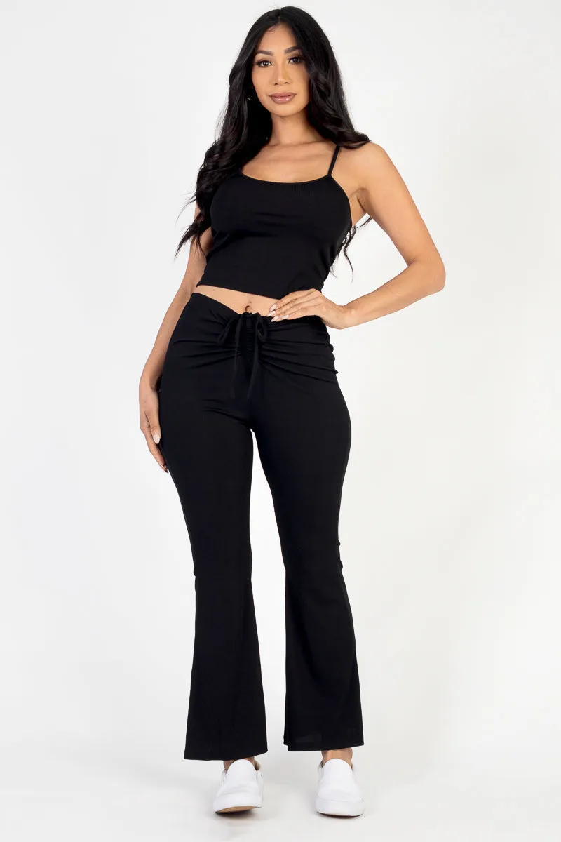 Ribbed Cami Top & Ruched Drawstring Flared Pants Set (CAPELLA)