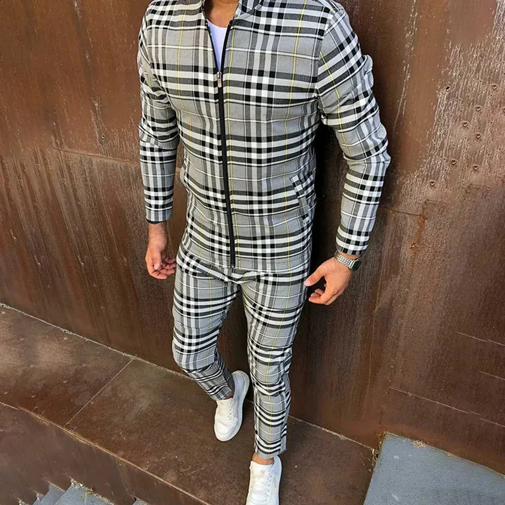 Wiaofellas  -  Autumn Two-Piece Mens Fashion Casual Printed Sportswear New Stand-Up Collar Zipper Cardigan Jacket Straight Pants Suit